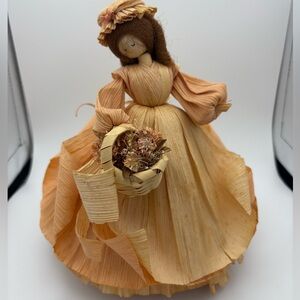 Vintage 1988 Nan’s Corn Husk Doll with Basket - Orange dress and Brown hair